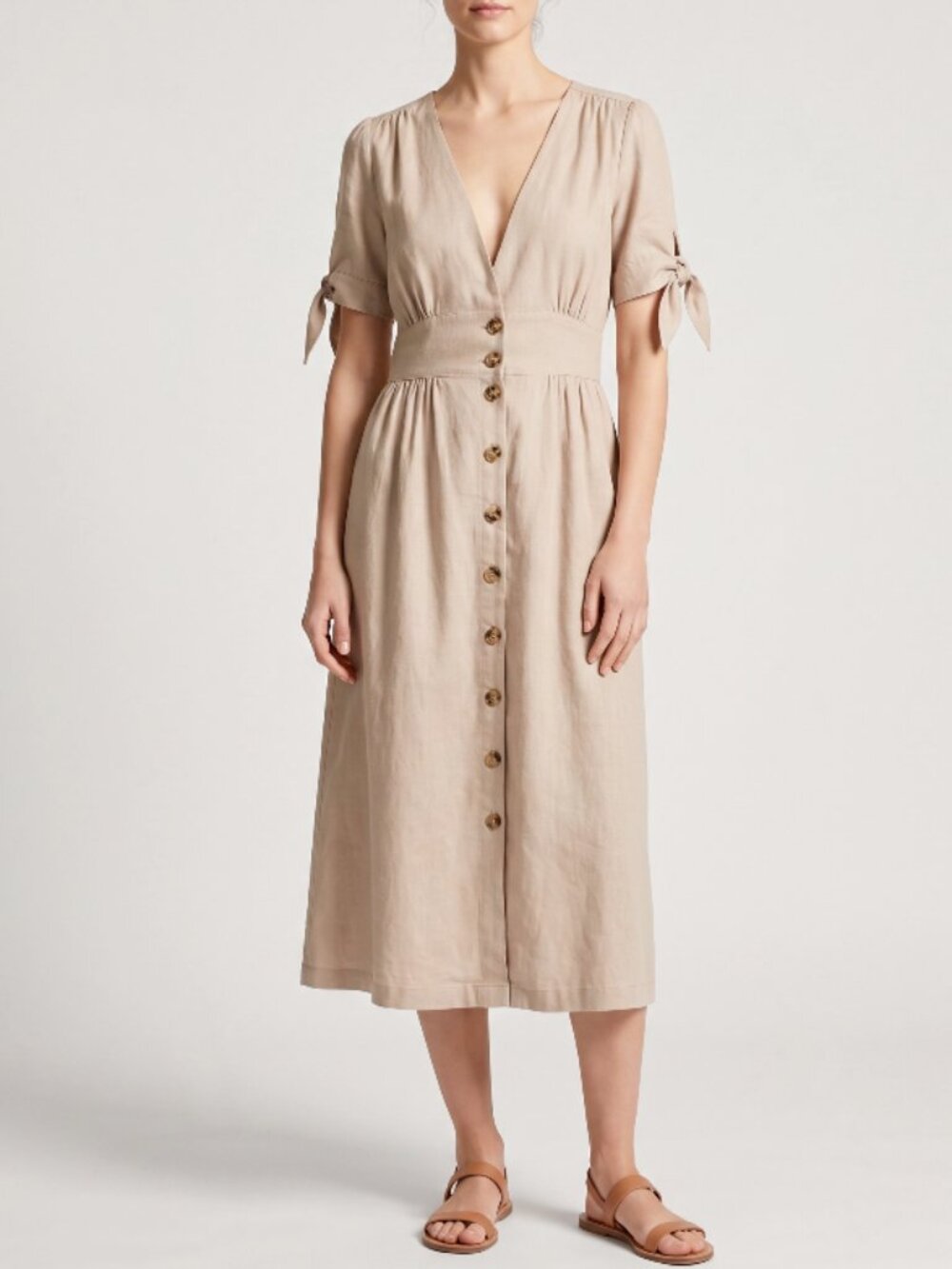 Buffalo David Bitton Beige Linen Blend Button Down Tie Sleeve Midi Dress